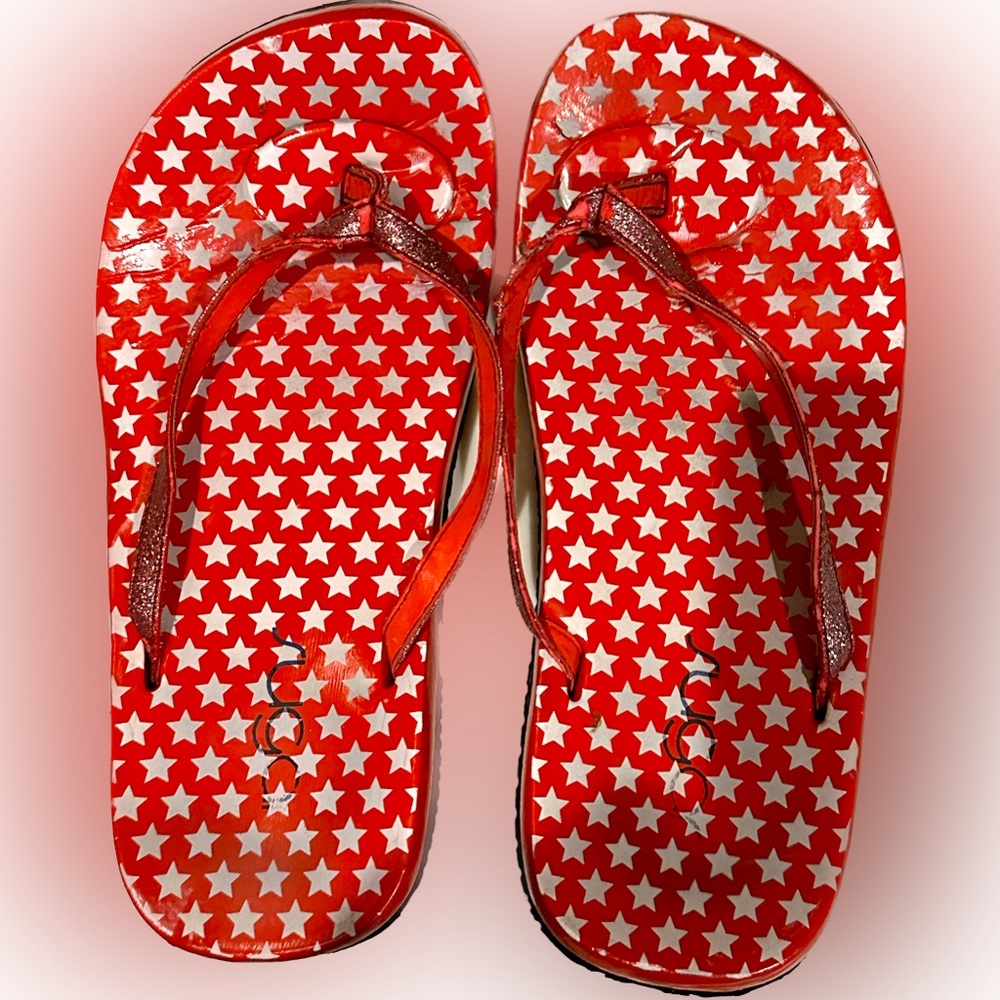 Vintage Sugar Floaties Flip-Flops; Red and White Stars Sz:8 Beach Sandals Flawed